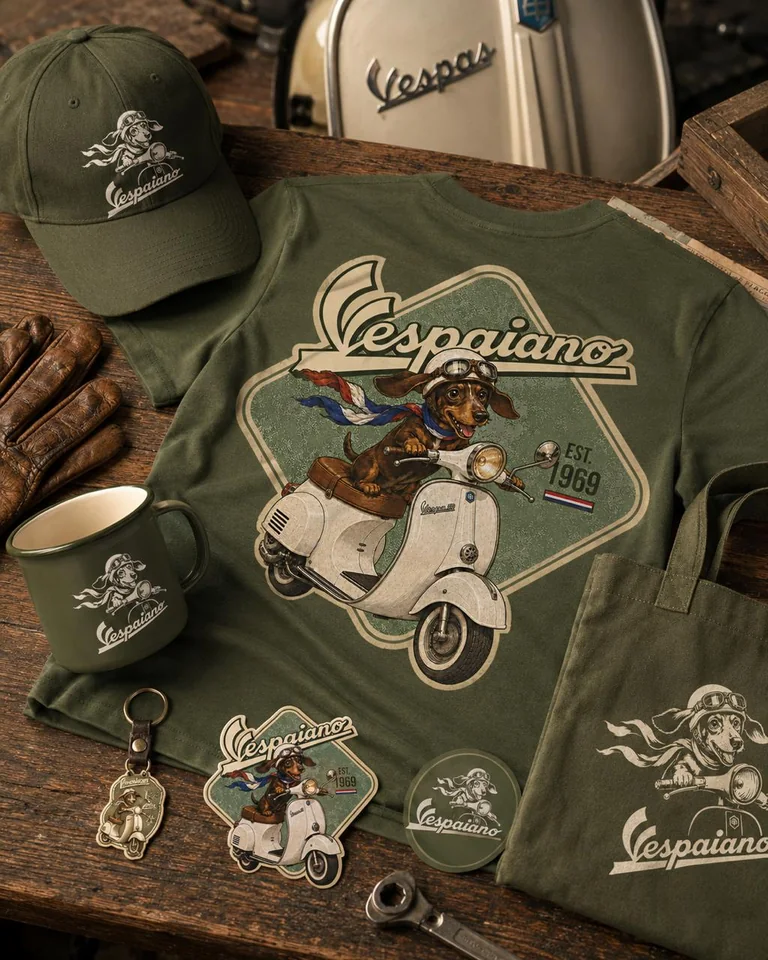 Dachshund Ride vintage green Vespaiano T-shirt with dachshund and V50 scooter design