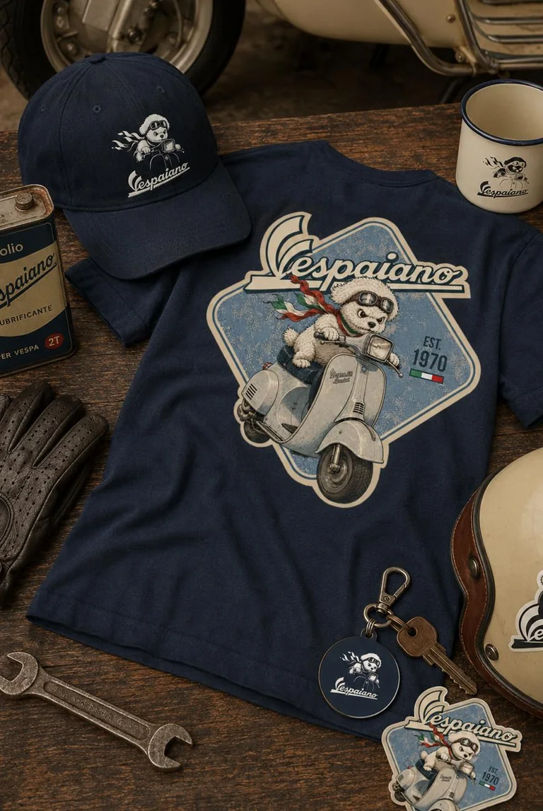 Maltese Speedster navy blue Vespaiano T-shirt with Maltese dog and 50 Special scooter design
