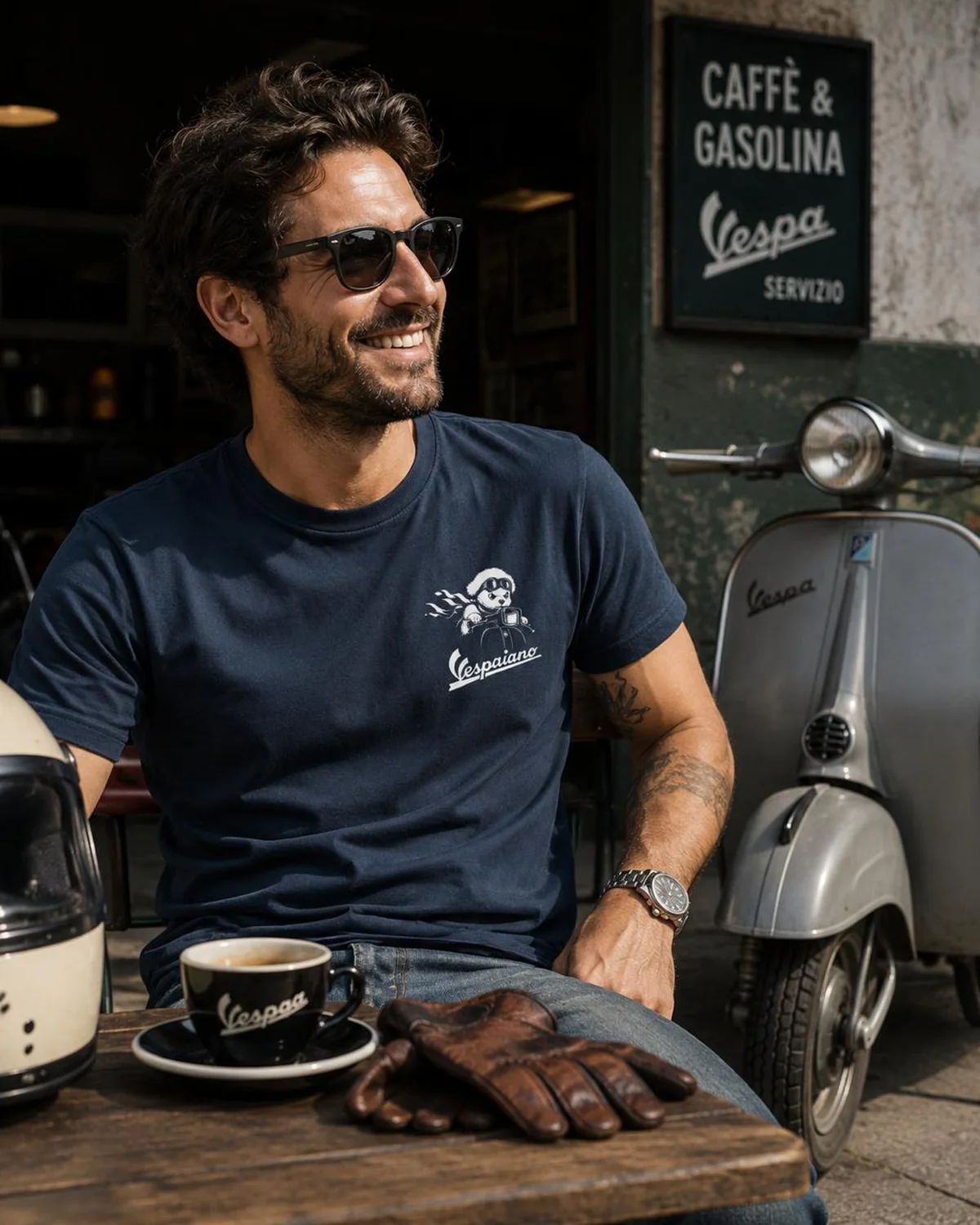 Designer wearing a navy Vespaiano T-shirt beside a classic Italian scooter at a café